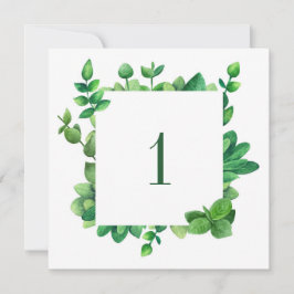Groene bladwijzer tafelnummer. Groene bloemen brui Kaart
