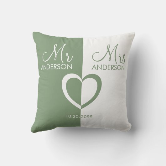 Groene blanke Mr Mrs. Name hart bruiloft Sierkusse Kussen (Achterkant)