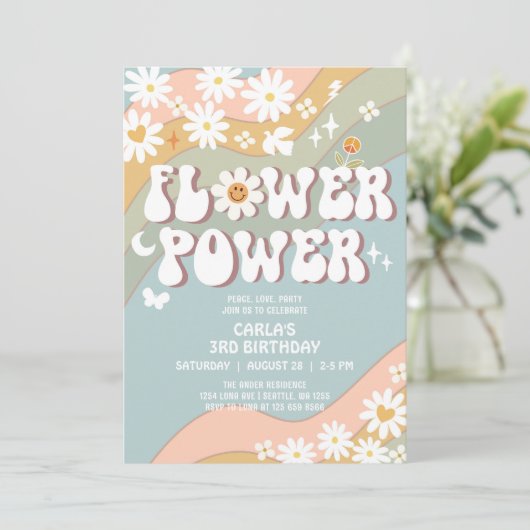 Groene Blauwe Bloem Power Hippie 70s Retro Verjaar Kaart (Staand voorkant)