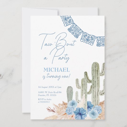 Groene Blauwe Bloemen Verjaardag Uitnodiging (Voorkant)