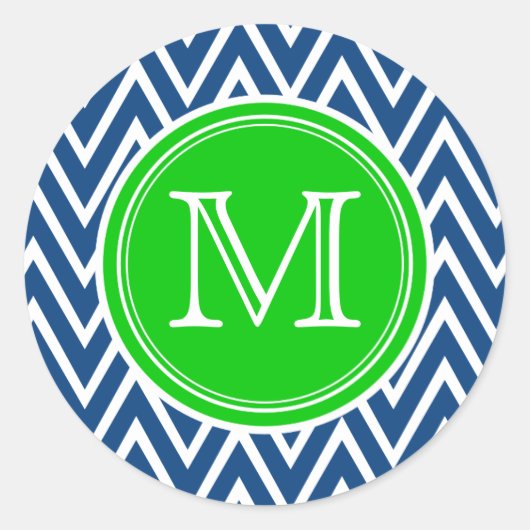 Groene & Blauwe Chevron Monogram Ronde Afdichting Sticker (Voorkant)