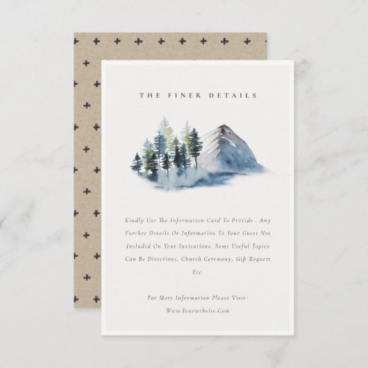 Groene Blauwe Dennenbossen Berg Bruiloft Detail Informatiekaartje (Voorkant / Achterkant)