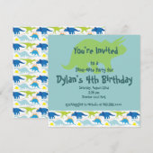 Groene & Blauwe Dinosaur Birthday Party Uitnodigin Kaart (Voorkant / Achterkant)