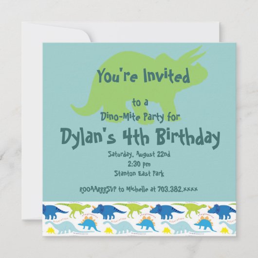 Groene & Blauwe Dinosaur Birthday Party Uitnodigin Kaart (Voorkant)