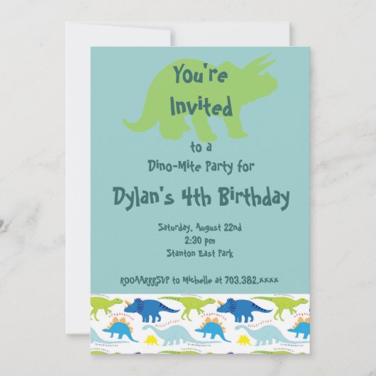 Groene & Blauwe Dinosaur Birthday Party Uitnodigin Kaart (Voorkant)