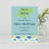 Groene & Blauwe Dinosaur Birthday Party Uitnodigin Kaart (Staand voorkant)