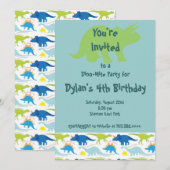 Groene & Blauwe Dinosaur Birthday Party Uitnodigin Kaart (Voorkant / Achterkant)