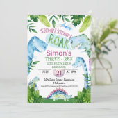 Groene Blauwe Dinosaurus T Rex Verjaardagsuitnodig Kaart (Staand voorkant)