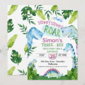 Groene Blauwe Dinosaurus T Rex Verjaardagsuitnodig Kaart (Voorkant / Achterkant)