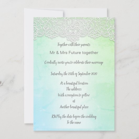 groene blauwe elegante bruiloft met kant kaart (Voorkant)