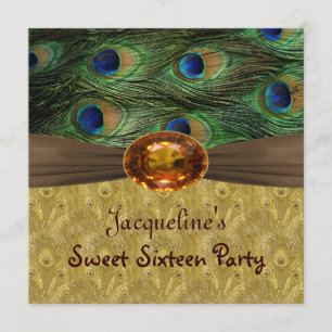 Groene blauwe en goudpestveren Sweet 16 Kaart