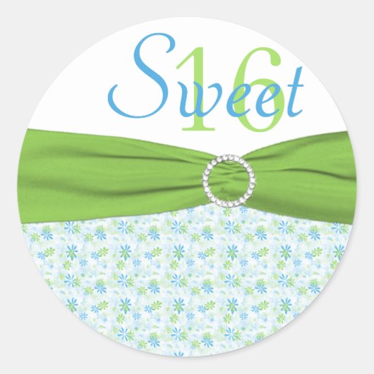 Groene, Blauwe en Witte Floral Sweet 16 Sticker (Voorkant)