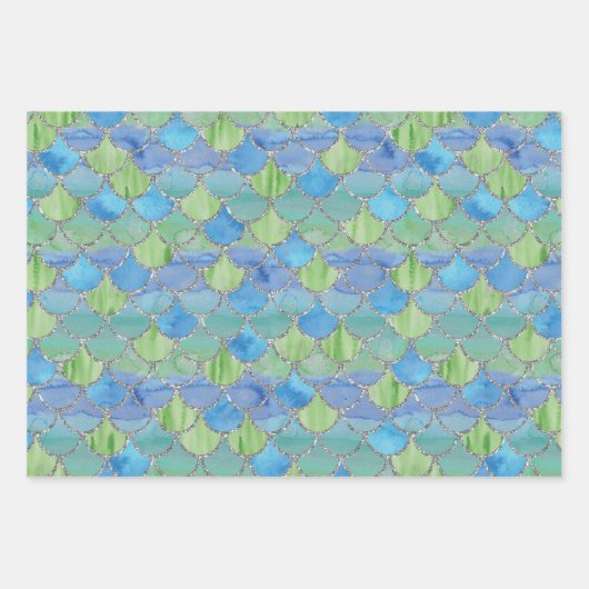 Groene, blauwe en zilverzeemeerminnen inpakpapier vel (Voorkant 3)