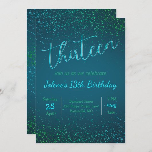 Groene Blauwe Glitter Uitnodiging (Voorkant / Achterkant)