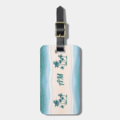 Groene blauwe golven palmbomen bagagelabel (Voorkant verticaal)