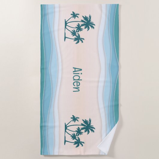 Groene blauwe golven palmbomen strandlaken (Voorkant)