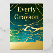 Groene blauwe hemel Galaxy Marmer Gold Wedding Folie Uitnodiging (Voorkant)