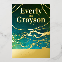 Groene blauwe hemel Galaxy Marmer Gold Wedding Folie Uitnodiging