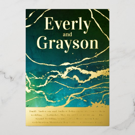 Groene blauwe hemel Galaxy Marmer Gold Wedding Folie Uitnodiging (Voorkant)