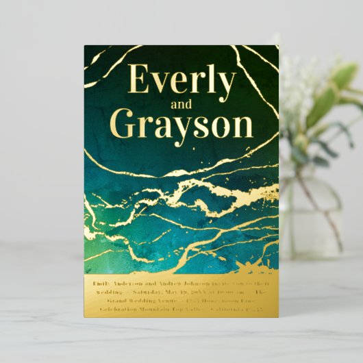 Groene blauwe hemel Galaxy Marmer Gold Wedding Folie Uitnodiging (Staand Voorkant)