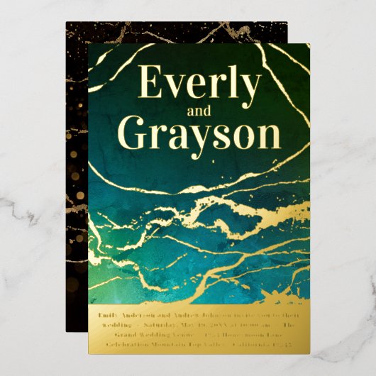 Groene blauwe hemel Galaxy Marmer Gold Wedding Folie Uitnodiging (Voorkant / Achterkant)
