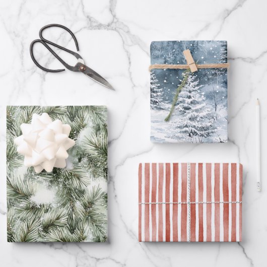 Groene & Blauwe Kerstbomen Rood Gestreepte Inpakpapier Vel (Voorkant)
