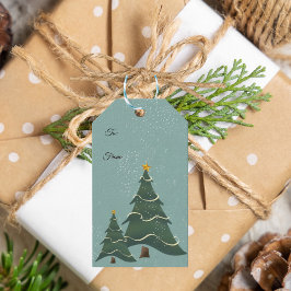 Groene Blauwe Kerstboom Zachte Sneeuwvlokken Cadeaulabel