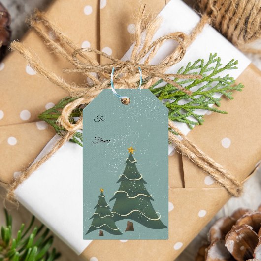 Groene Blauwe Kerstboom Zachte Sneeuwvlokken Cadeaulabel
