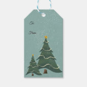 Groene Blauwe Kerstboom Zachte Sneeuwvlokken Cadeaulabel (Voorkant)