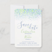 Groene blauwe moderne kunst met de datakaarten save the date (Voorkant)