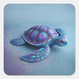 Groene Blauwe Paarse Schildpad Kleurrijke Zeeschil Vierkante Sticker