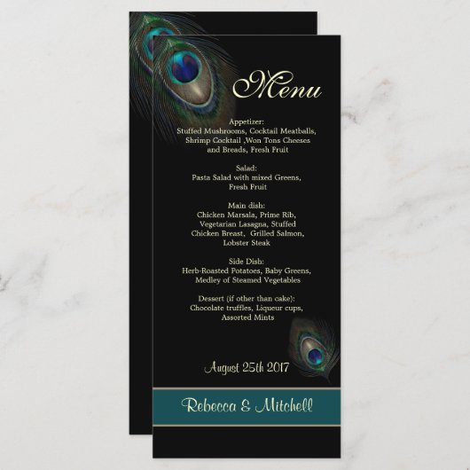 Groene blauwe pauwenveren op zwart Menu (Voorkant / Achterkant)