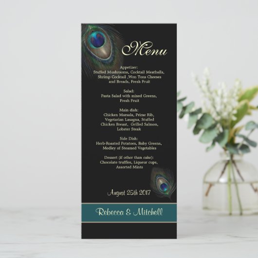 Groene blauwe pauwenveren op zwart Menu (Staand voorkant)