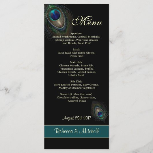 Groene blauwe pauwenveren op zwart Menu (Voorkant)