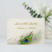 Groene blauwe pauwveren Save the date Uitnodiging (Staand voorkant)