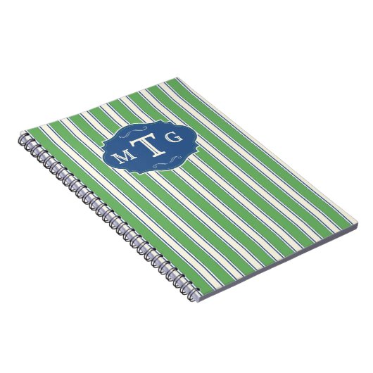 Groene Blauwe Strepen Klassiek 3 Letter Monogram Notitieboek (Rechterzijde)