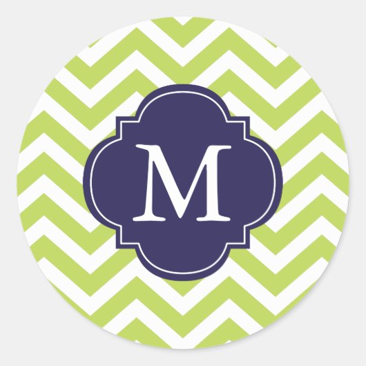 Groene & Blauwe Zigzags Patroon Monogram Ronde Sticker (Voorkant)