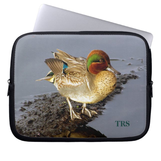 Groene Blauwgroen Duck-laptophoes met Initialen Laptop Sleeve (Voorkant)