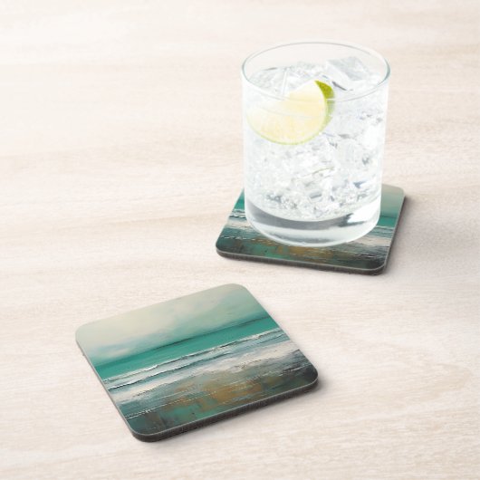 Groene Blauwgroen Moderne Strand Oceaan Schilderen Bier Onderzetter (Rechterzijde)