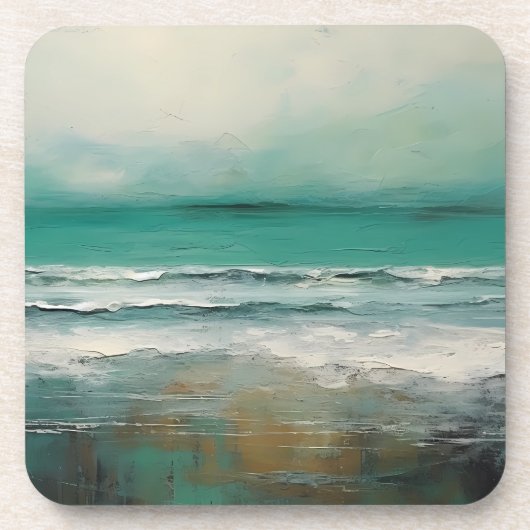 Groene Blauwgroen Moderne Strand Oceaan Schilderen Bier Onderzetter (Voorkant)