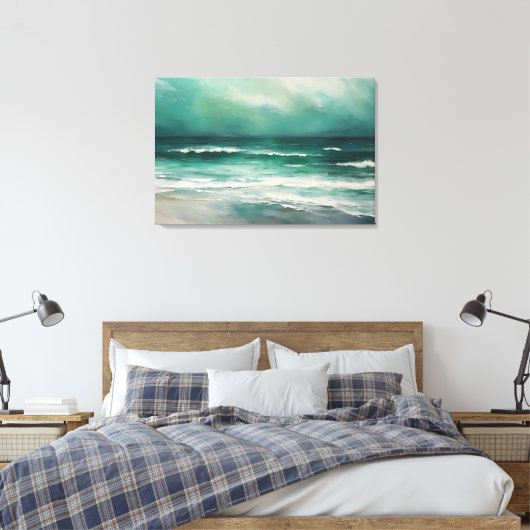 Groene Blauwgroen Moderne Strand Oceaan Schilderen Canvas Afdruk (Insitu (Slaapkamer))