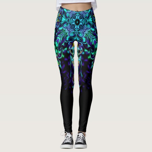 Groene Blauwgroen Psychedelic Bohemian Mandala Leggings (Voorkant)