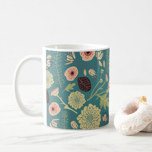 Groene Blauwgroen Roze Floral Toss Patterned Flowe Koffiemok (Met donut)