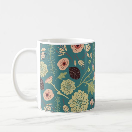 Groene Blauwgroen Roze Floral Toss Patterned Flowe Koffiemok (Links)
