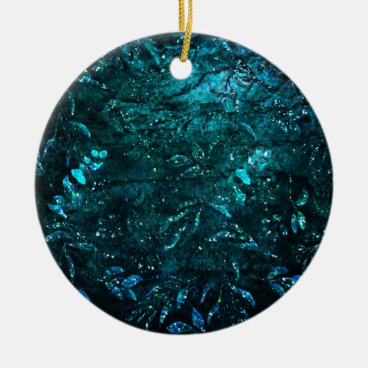 Groene Blauwgroen "Sparkle Floral Leaves" Keramisch Ornament (Voorkant)