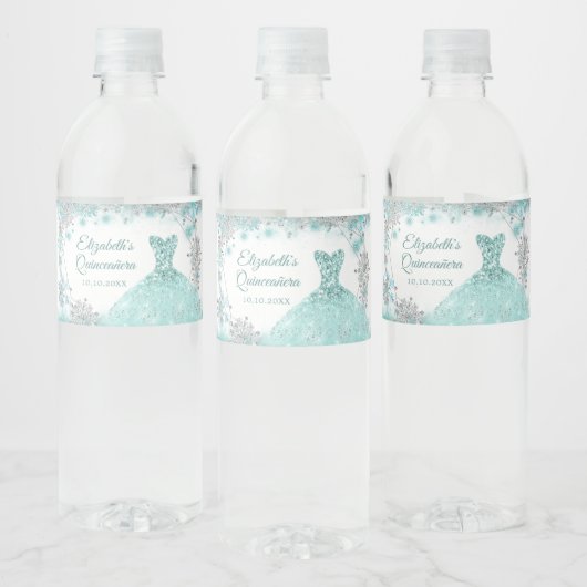 Groene blauwgroen wintersneeuwvlok Quinceañera Waterfles Etiket (Flessen)
