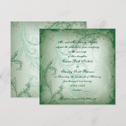  groene bloei scroll leaf bruiloft kaart (Voorkant / Achterkant)