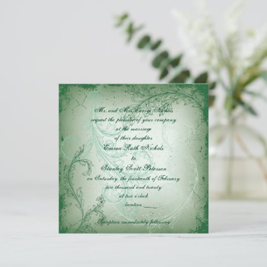  groene bloei scroll leaf bruiloft kaart (Staand voorkant)