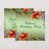 Groene Bloem Burst Ontwerp Verjaardag Uitnodiging (Voorkant / Achterkant)