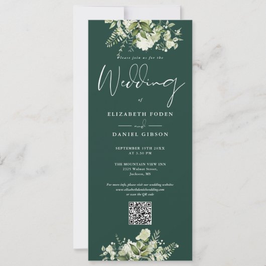 Groene Bloem Emerald QR Code Bruiloft Kaart (Voorkant)